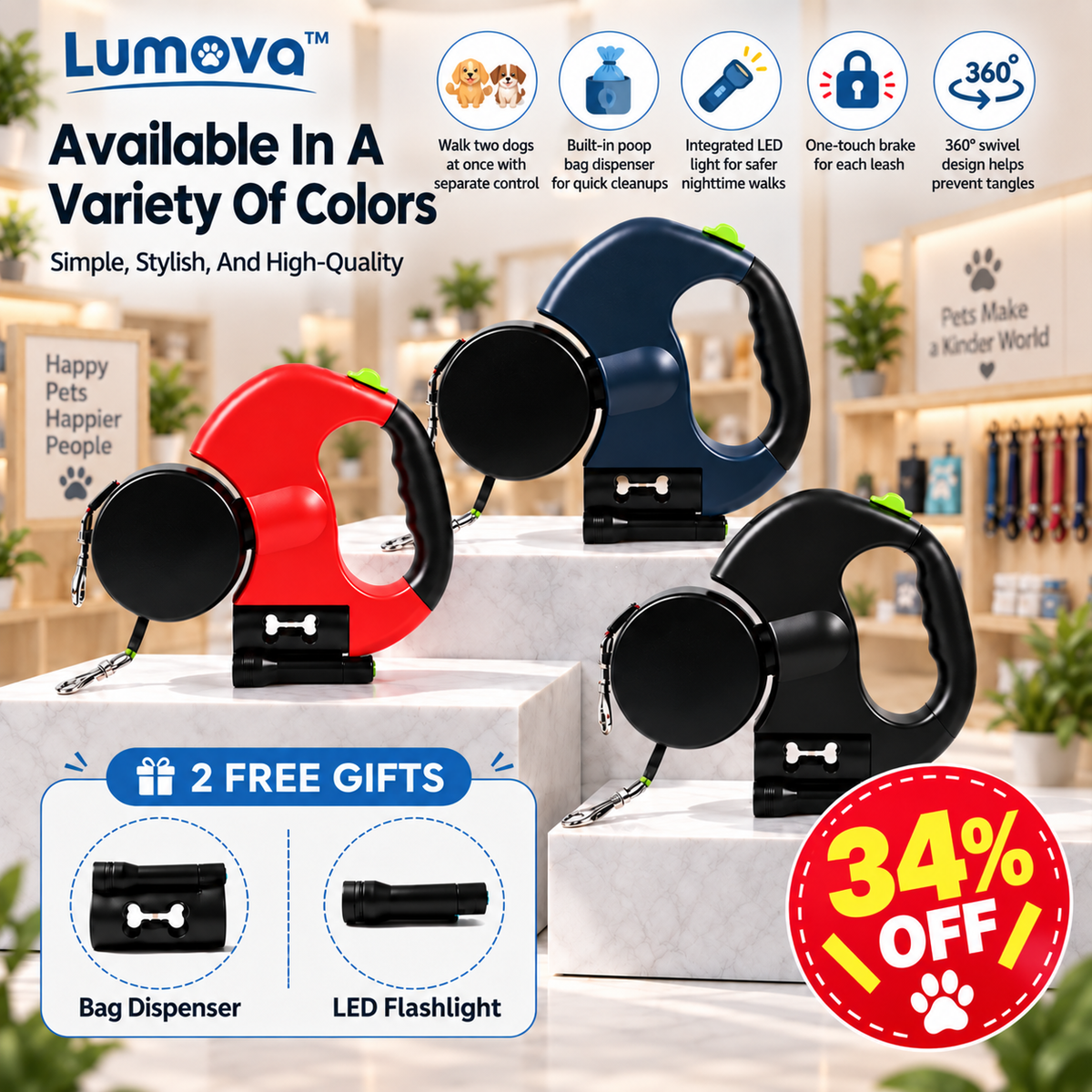Lumova™ — Dual Retractable Dog Leash for 2 Dogs